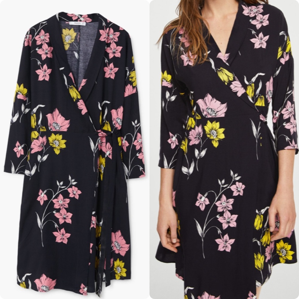 MANGO Black Floral Wrap Kimono Dress